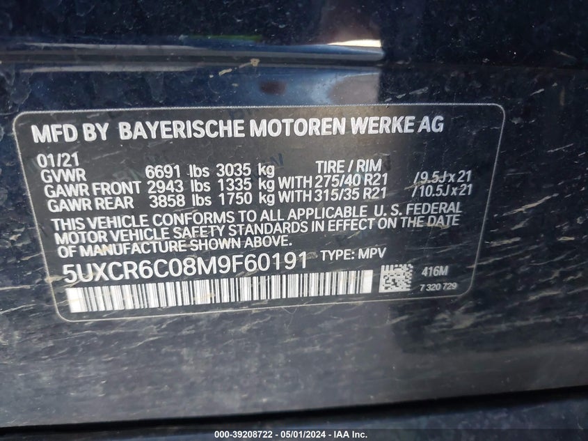 2021 BMW X5 VIN: 5UXCR6C08M9F60191