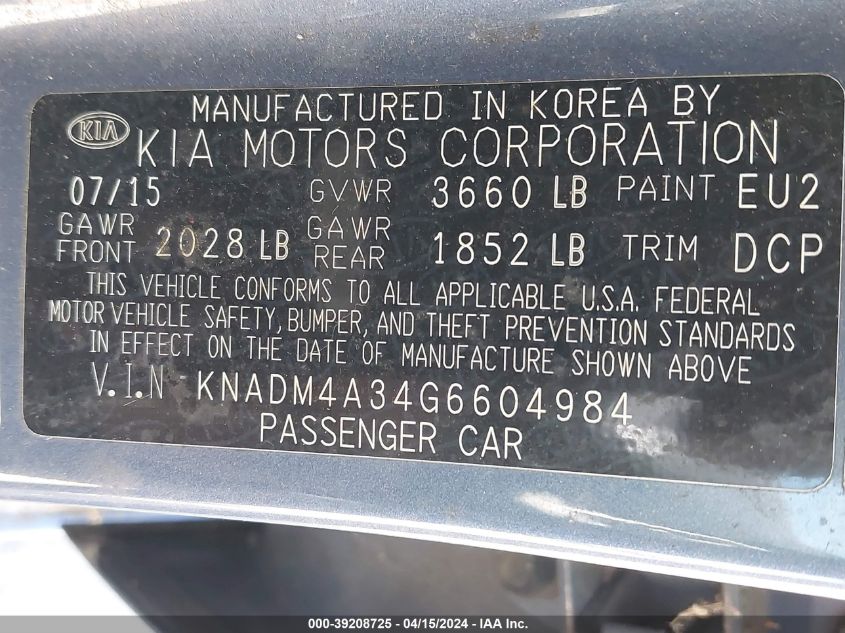 KNADM4A34G6604984 | 2016 KIA RIO