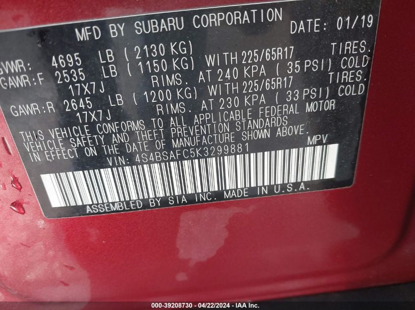 2019 Subaru Outback 2.5I Premium VIN: 4S4BSAFC5K3299881 Lot: 39208730
