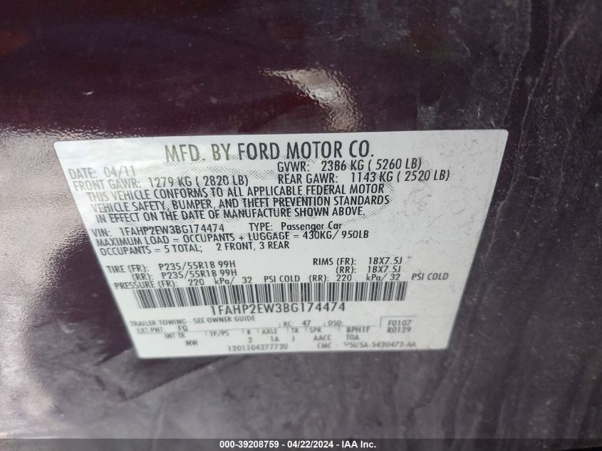 2011 Ford Taurus Sel VIN: 1FAHP2EW3BG174474 Lot: 39208759