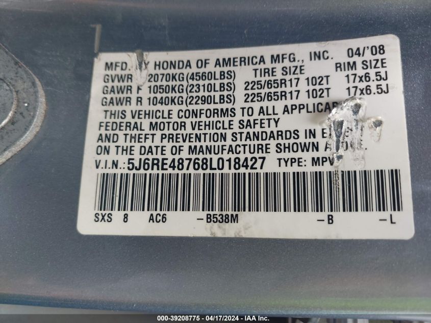2008 Honda Cr-V Ex-L VIN: 5J6RE48768L018427 Lot: 39238568