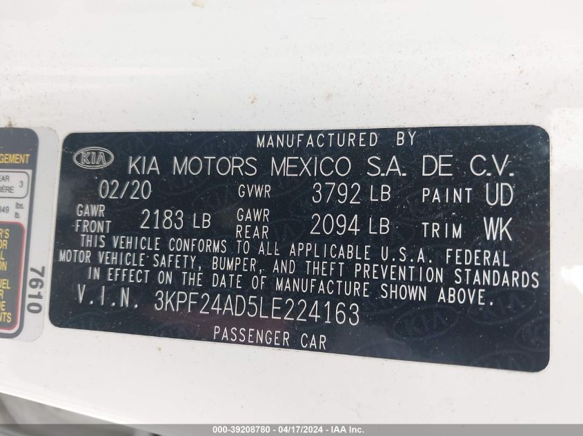 2020 Kia Forte Lxs VIN: 3KPF24AD5LE224163 Lot: 39208780