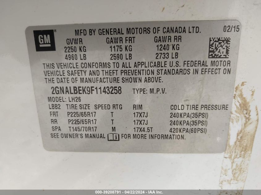 2015 Chevrolet Equinox 1Lt VIN: 2GNALBEK9F1143258 Lot: 39208791