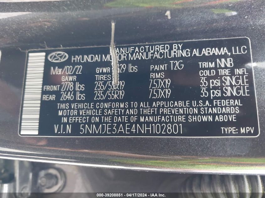 2022 Hyundai Tucson Limited VIN: 5NMJE3AE4NH102801 Lot: 39208851