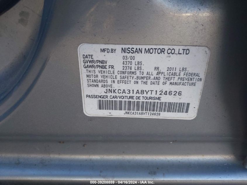 2000 Infiniti I30 Luxury/Touring VIN: JNKCA31A8YT124626 Lot: 39239780