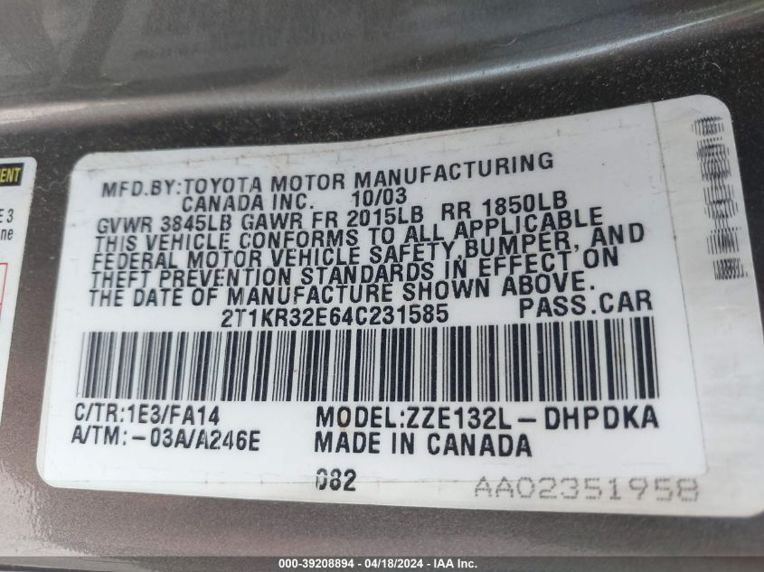 2T1KR32E64C231585 2004 Toyota Matrix Standard