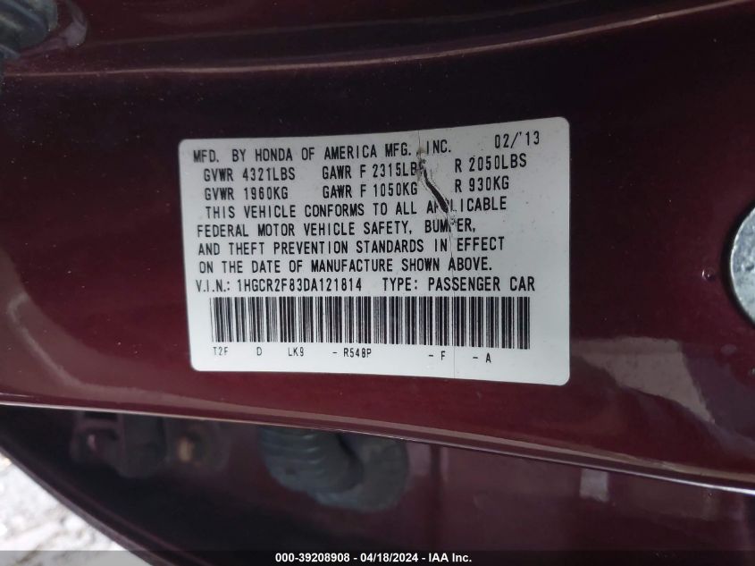 2013 Honda Accord Ex-L VIN: 1HGCR2F83DA121814 Lot: 39208908