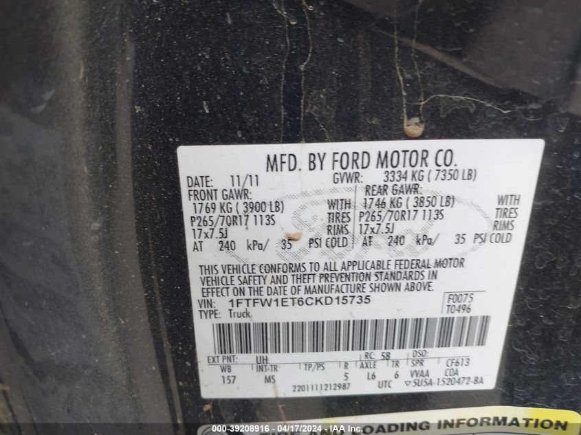 2012 Ford F-150 Xlt VIN: 1FTFW1ET6CKD15735 Lot: 39208916