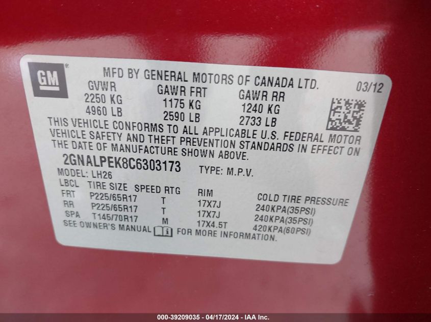 2012 Chevrolet Equinox 2Lt VIN: 2GNALPEK8C6303173 Lot: 39209035