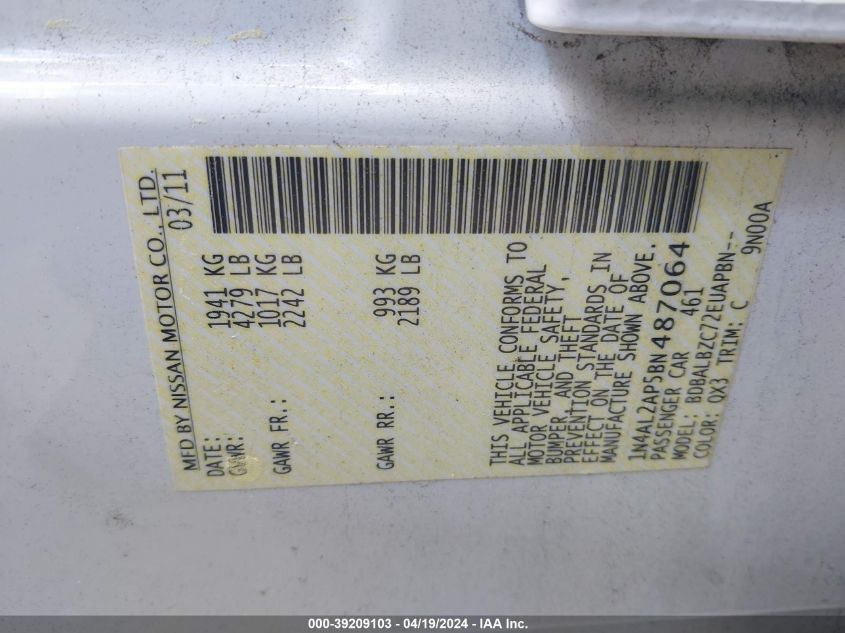 2011 Nissan Altima 2.5 S VIN: 1N4AL2AP5BN487064 Lot: 39209103