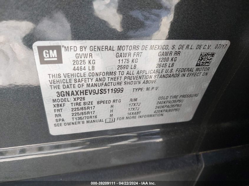 2018 Chevrolet Equinox Ls VIN: 3GNAXHEV9JS511999 Lot: 39209111
