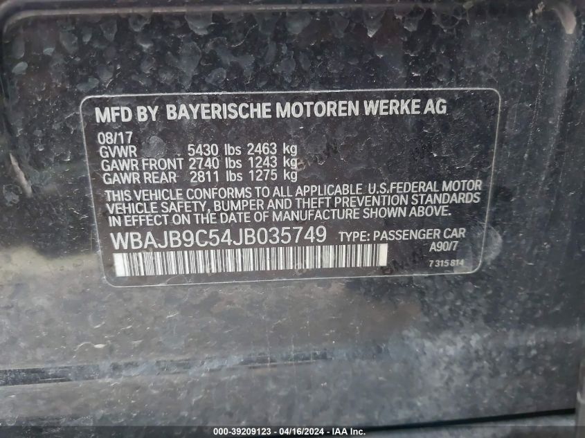 2018 BMW M550I xDrive VIN: WBAJB9C54JB035749 Lot: 39209123