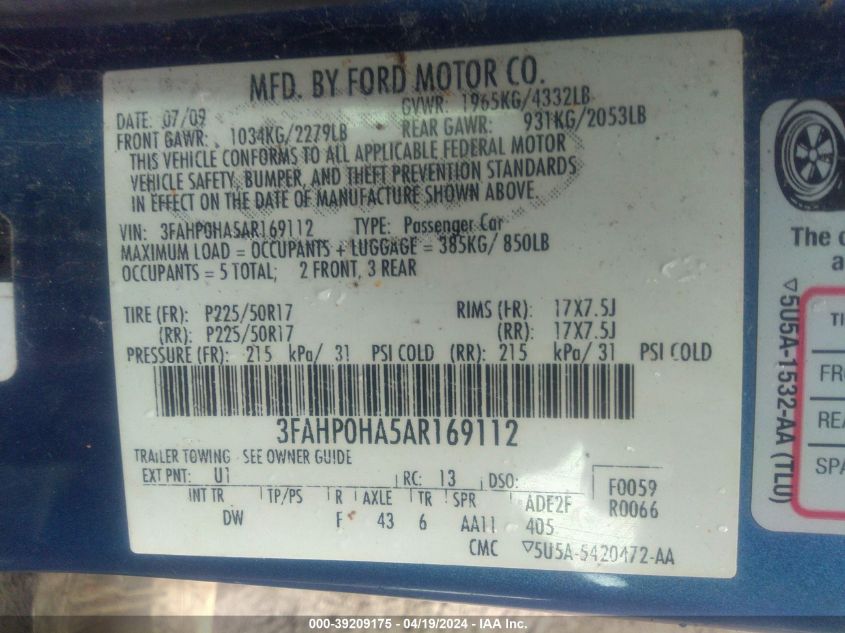 3FAHP0HA5AR169112 | 2010 FORD FUSION