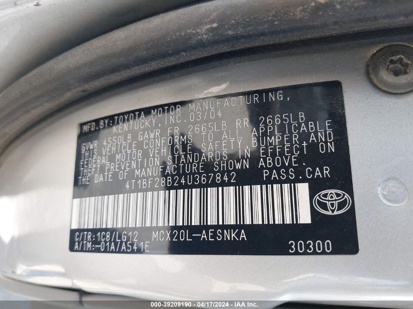 2004 Toyota Avalon Xl VIN: 4T1BF28B24U367842 Lot: 39154078