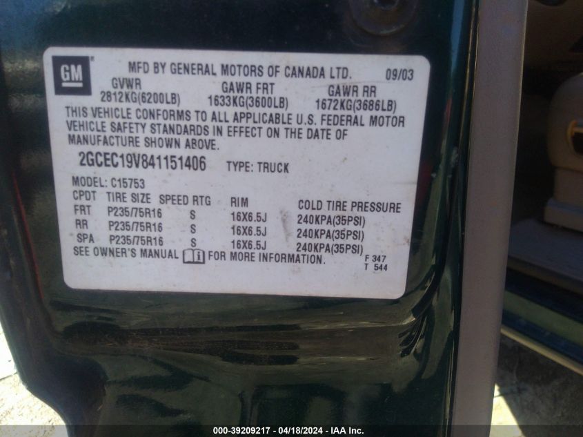 2004 Chevrolet Silverado 1500 Ls VIN: 2GCEC19V841151406 Lot: 39209217