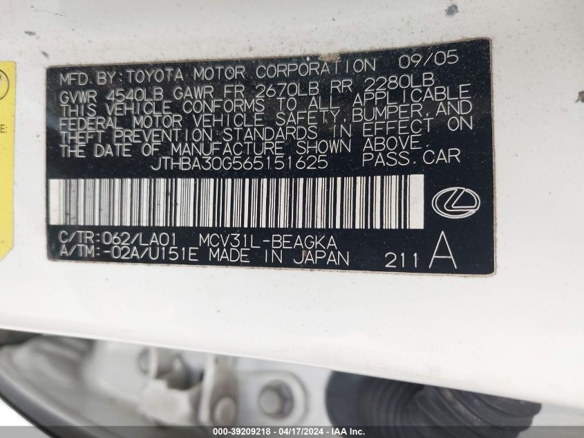 2006 Lexus Es 330 VIN: JTHBA30G565151625 Lot: 50519274