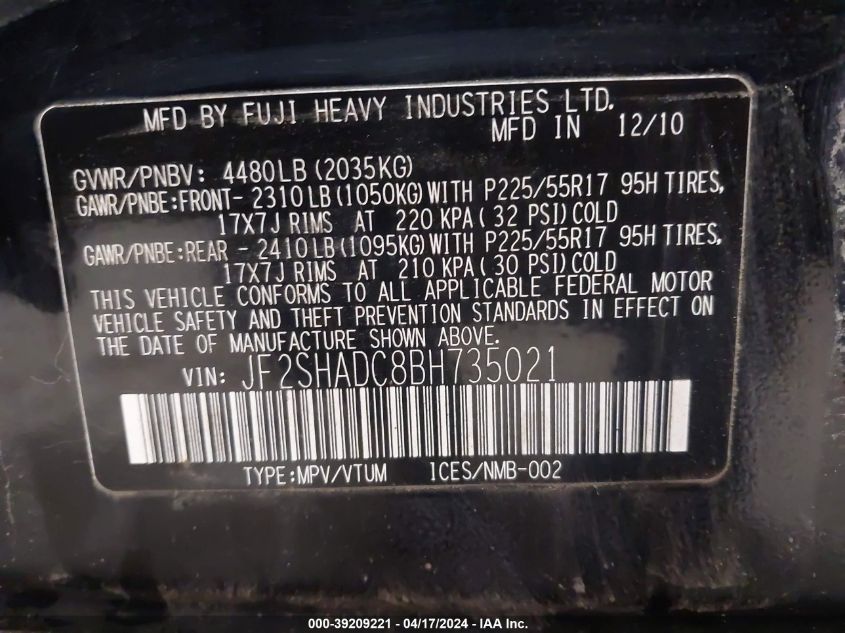 2011 Subaru Forester 2.5X Premium VIN: JF2SHADC8BH735021 Lot: 39209221