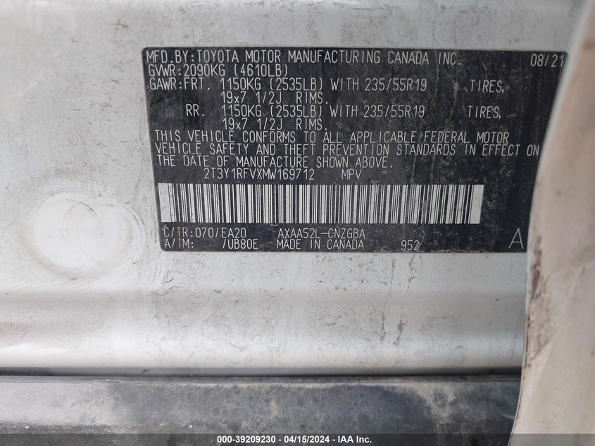 2021 TOYOTA RAV4 LIMITED - 2T3Y1RFVXMW169712