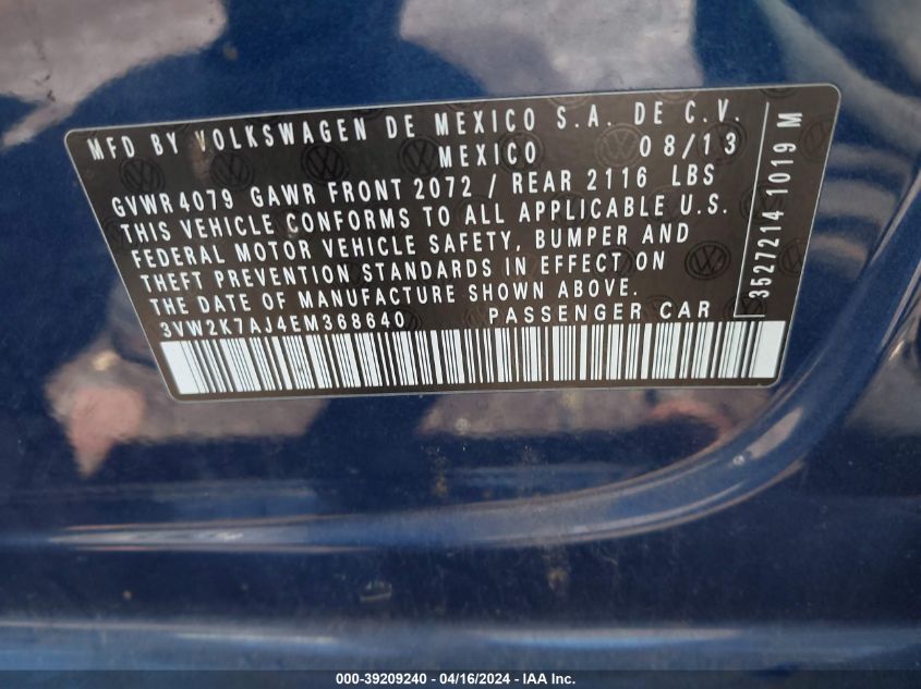 2014 VOLKSWAGEN JETTA S - 3VW2K7AJ4EM368640