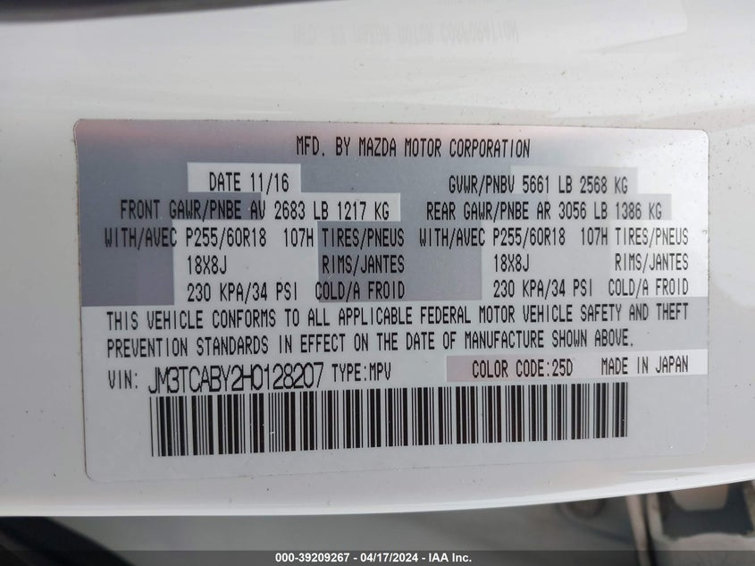 2017 MAZDA CX-9 SPORT - JM3TCABY2H0128207