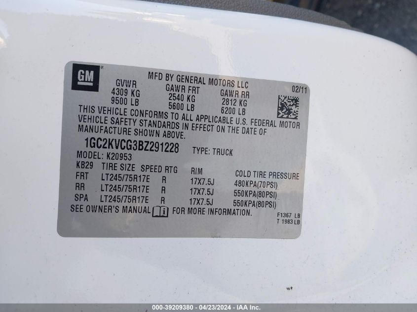 2011 Chevrolet Silverado 2500Hd Work Truck VIN: 1GC2KVCG3BZ291228 Lot: 39209380