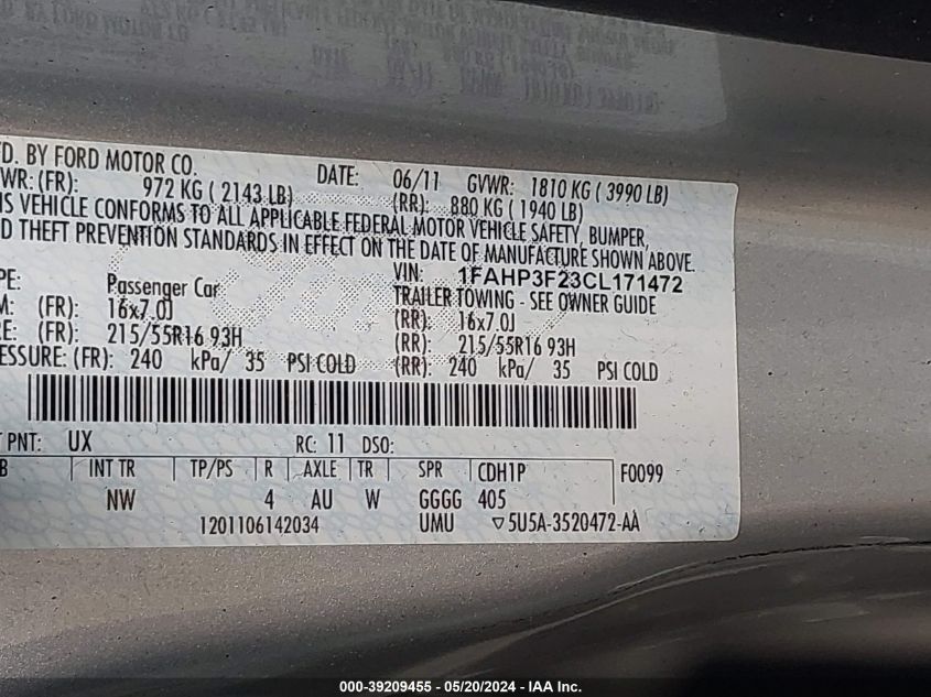 2012 Ford Focus Se VIN: 1FAHP3F23CL171472 Lot: 39209455