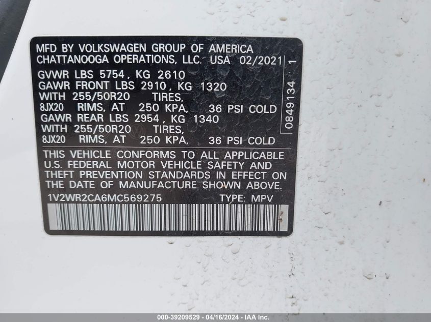 1V2WR2CA6MC569275 2021 Volkswagen Atlas 3.6L V6 Se W/Technology