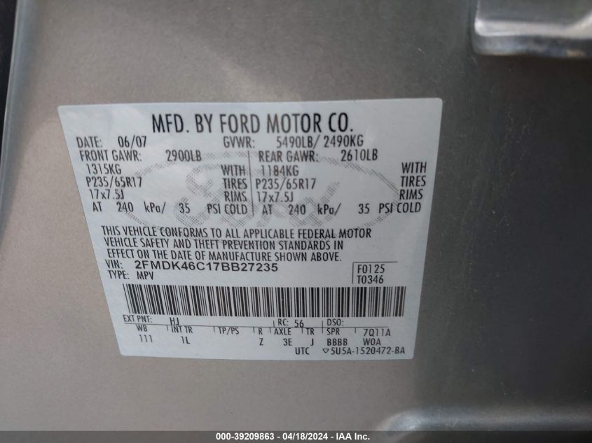 2007 Ford Edge Se VIN: 2FMDK46C17BB27235 Lot: 39239841