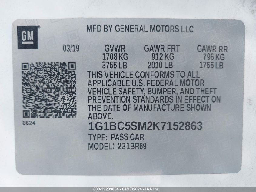 2019 Chevrolet Cruze Ls VIN: 1G1BC5SM2K7152863 Lot: 39209864