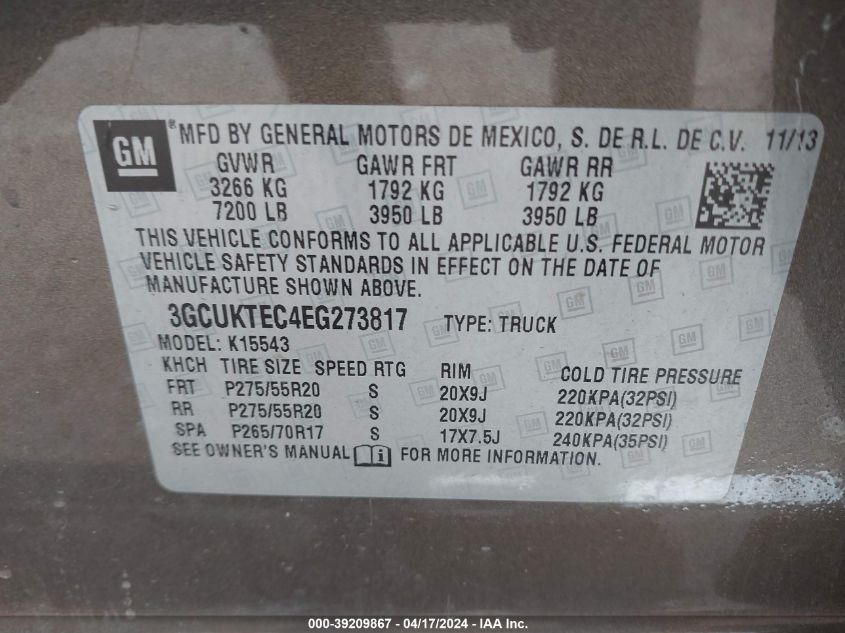 2014 Chevrolet Silverado 1500 High Country VIN: 3GCUKTEC4EG273817 Lot: 39209867