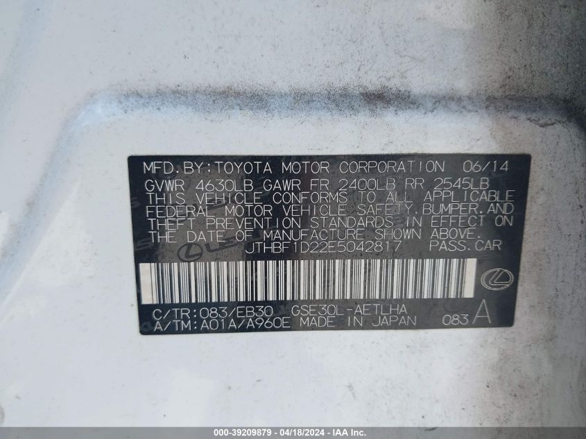 2014 Lexus Is 250 VIN: JTHBF1D22E5042817 Lot: 39209879