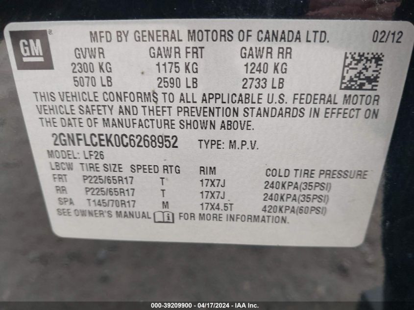 2012 Chevrolet Equinox Ls VIN: 2GNFLCEK0C6268952 Lot: 39257651