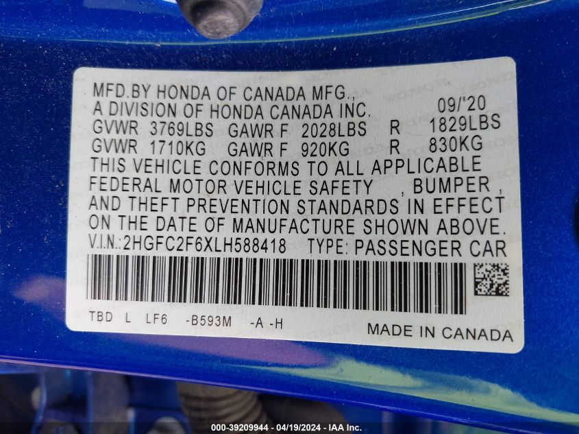2020 Honda Civic Lx VIN: 2HGFC2F6XLH588418 Lot: 39209944