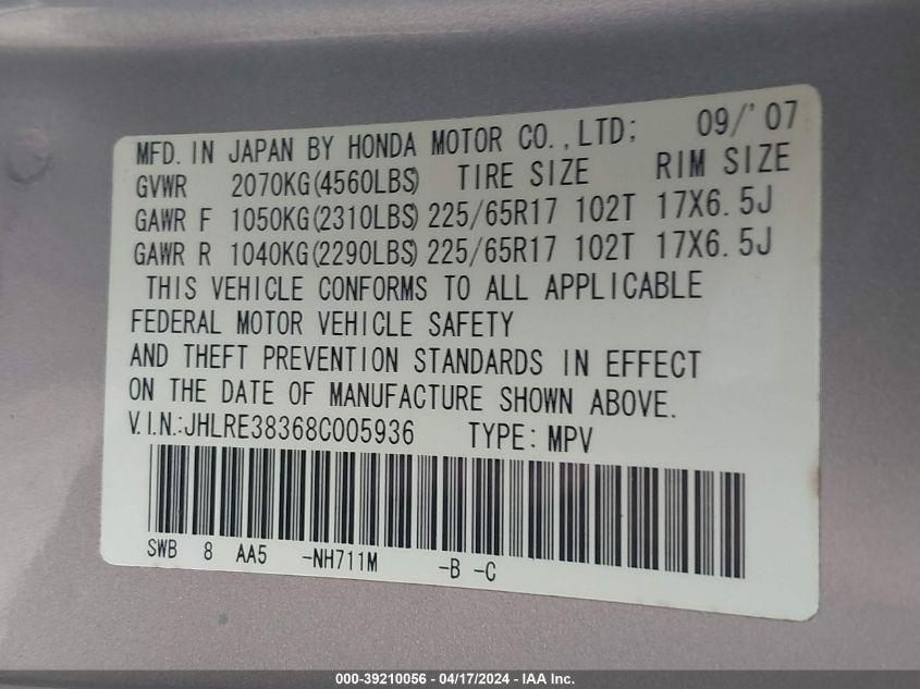 2008 Honda Cr-V Lx VIN: JHLRE38368C005936 Lot: 39210056