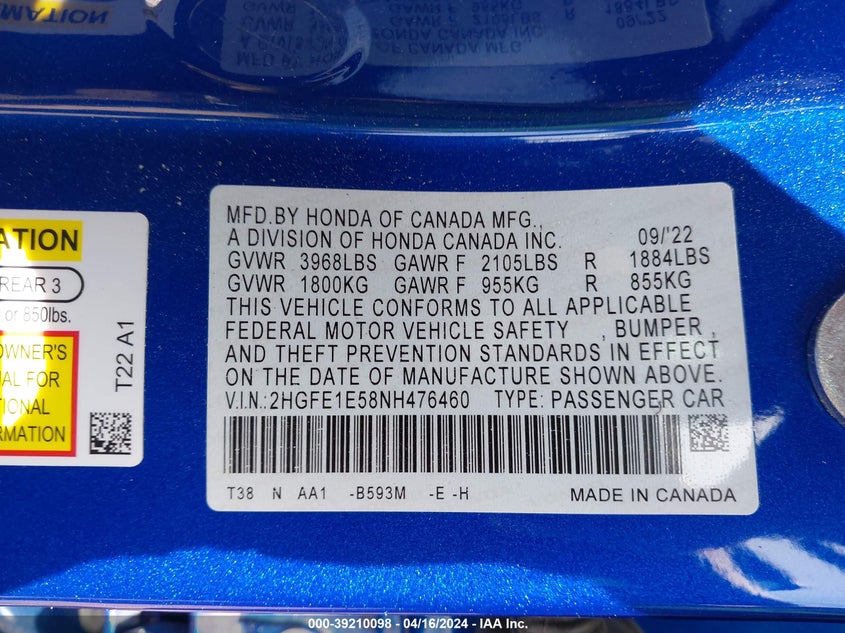 2022 HONDA CIVIC SI SEDAN - 2HGFE1E58NH476460