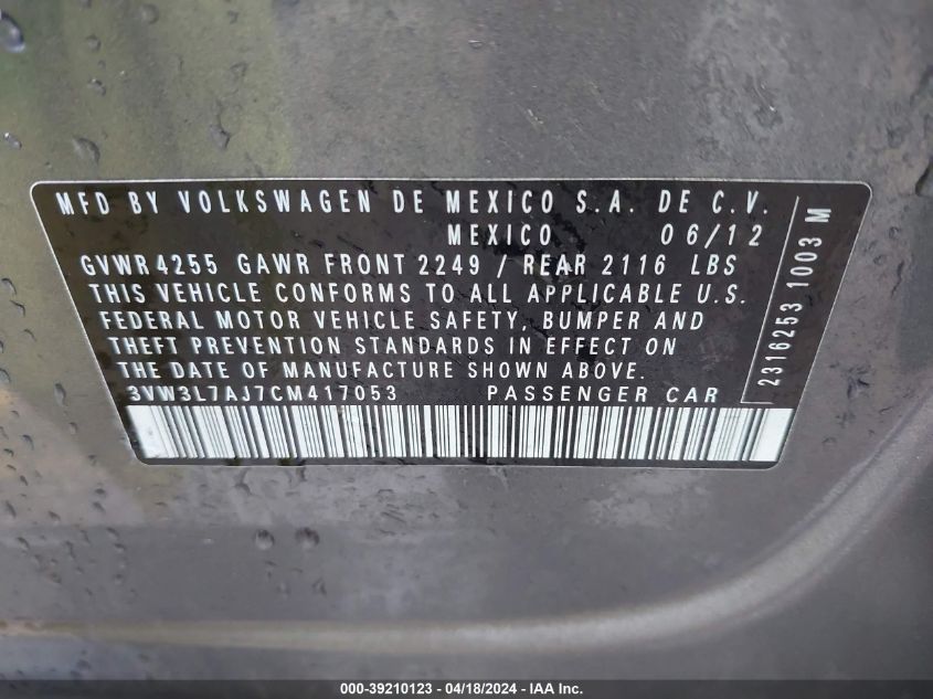 2012 Volkswagen Jetta 2.0L Tdi VIN: 3VW3L7AJ7CM417053 Lot: 39210123