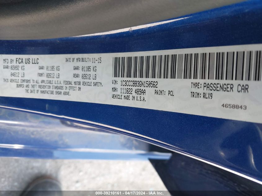 2016 Chrysler 200 S VIN: 1C3CCCBB3GN150562 Lot: 39210161