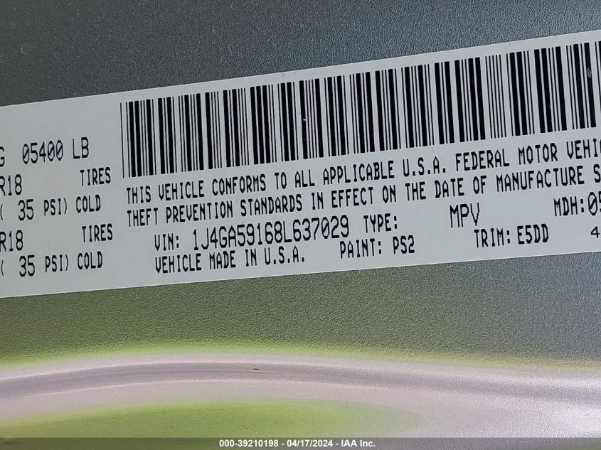 2008 Jeep Wrangler Unlimited Sahara VIN: 1J4GA59168L637029 Lot: 39210198