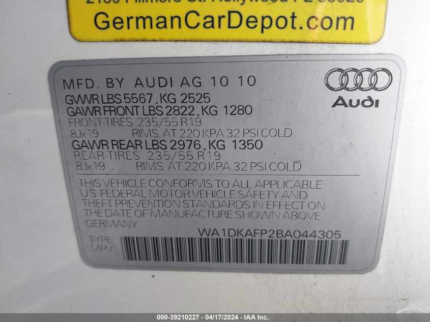 2011 Audi Q5 3.2 Premium Plus VIN: WA1DKAFP2BA044305 Lot: 39210227