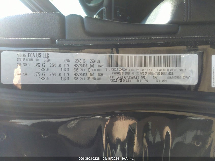 VIN 1C4RJFAG7LC290582 2020 JEEP GRAND CHEROKEE LAREDO