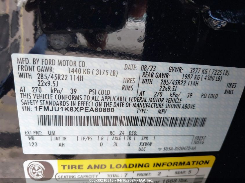 2023 Ford Expedition Limited VIN: 1FMJU1K8XPEA60880 Lot: 39210313