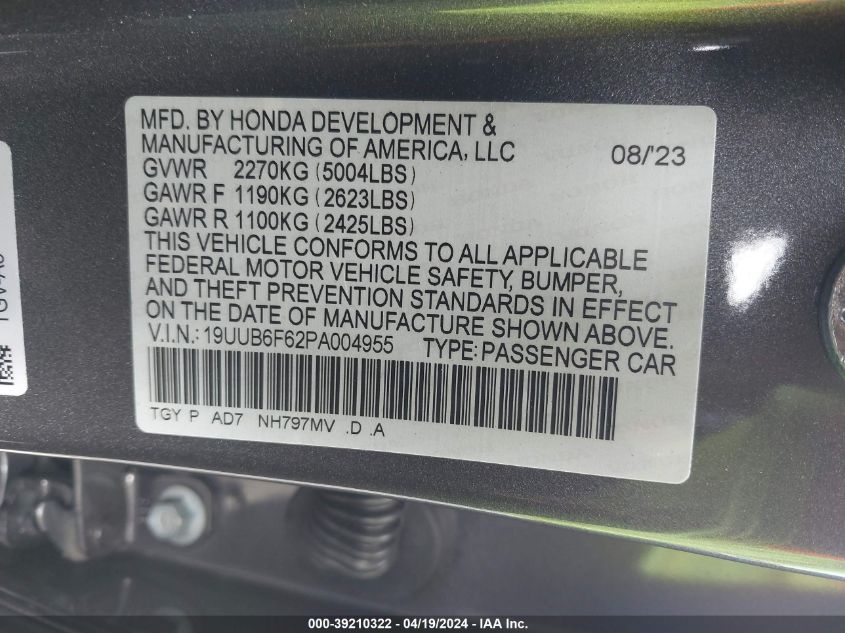 2023 Acura Tlx Advance Package VIN: 19UUB6F62PA004955 Lot: 39584306