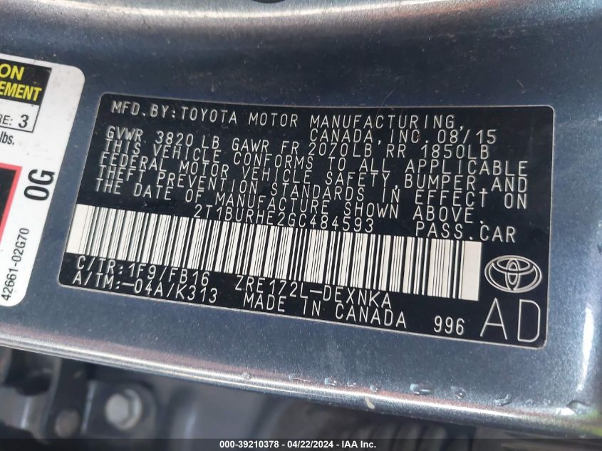 2016 TOYOTA COROLLA LE - 2T1BURHE2GC484593