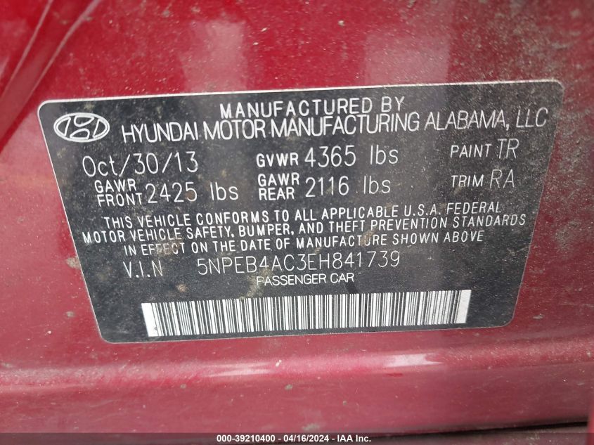 5NPEB4AC3EH841739 | 2014 HYUNDAI SONATA