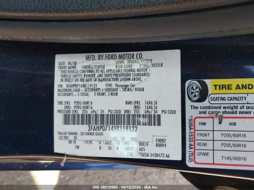 3FAHP07149R119122 | 2009 FORD FUSION