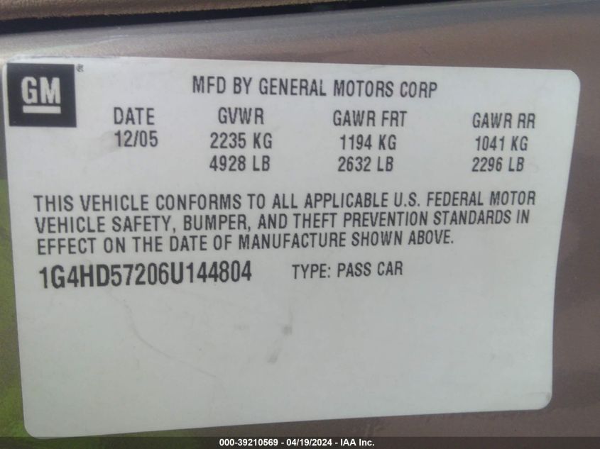 2006 Buick Lucerne Cxl VIN: 1G4HD57206U144804 Lot: 39210569