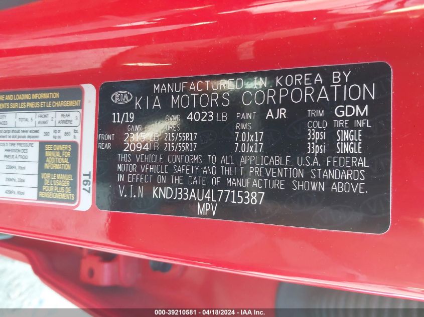 2020 Kia Soul Ex VIN: KNDJ33AU4L7715387 Lot: 39210581