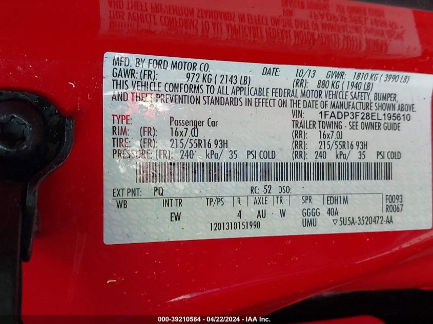 2014 Ford Focus Se VIN: 1FADP3F28EL195610 Lot: 39210584