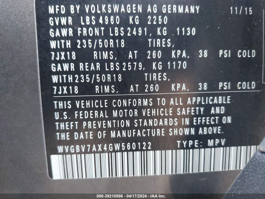 2016 Volkswagen Tiguan Se VIN: WVGBV7AX4GW560122 Lot: 39210586