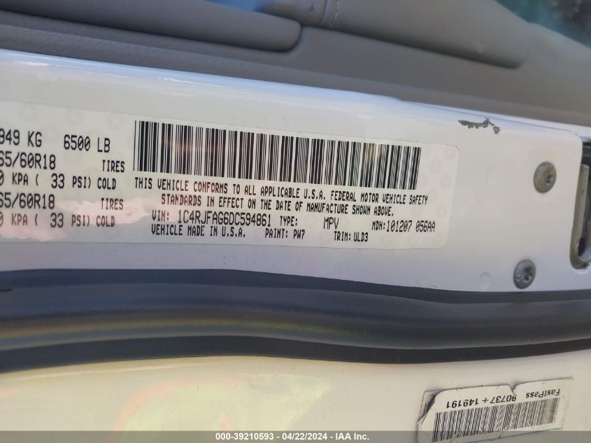 2013 Jeep Grand Cherokee Laredo VIN: 1C4RJFAG6DC594861 Lot: 39210593